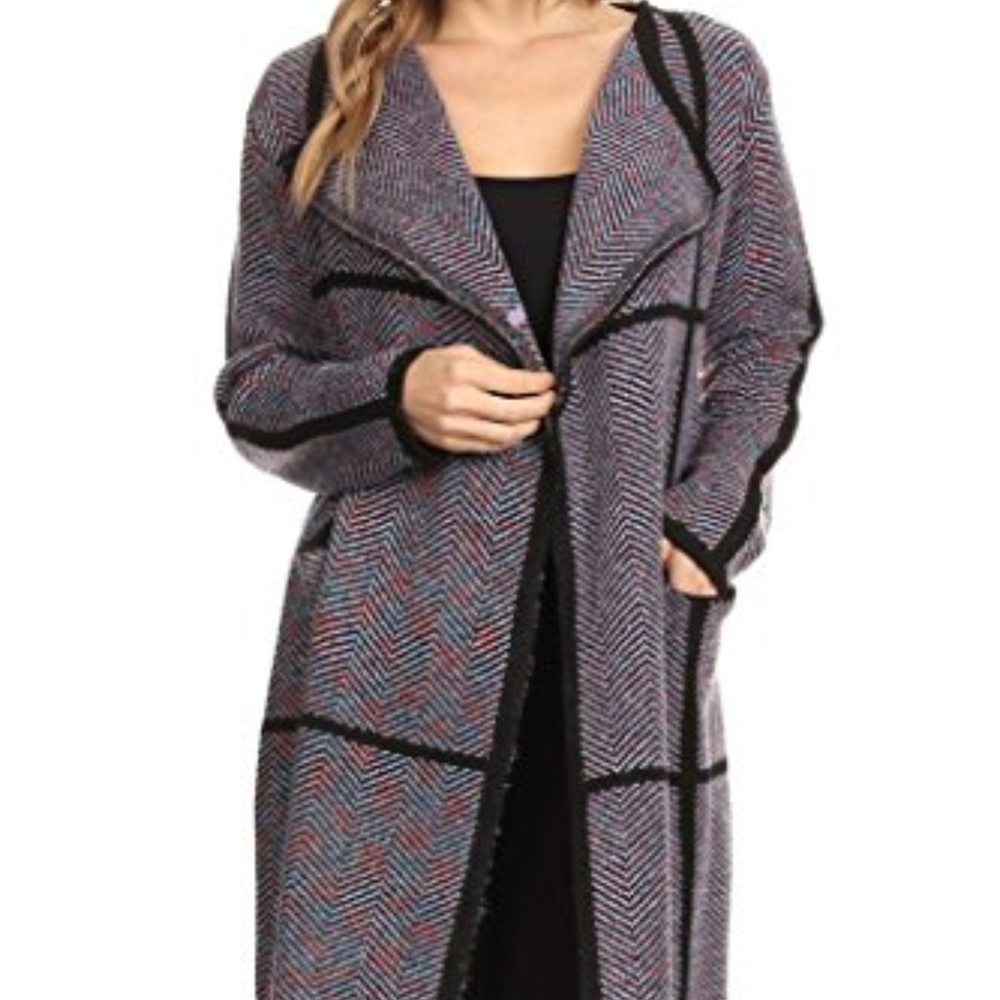 Collarless Long line Oversize Open Front Chevron